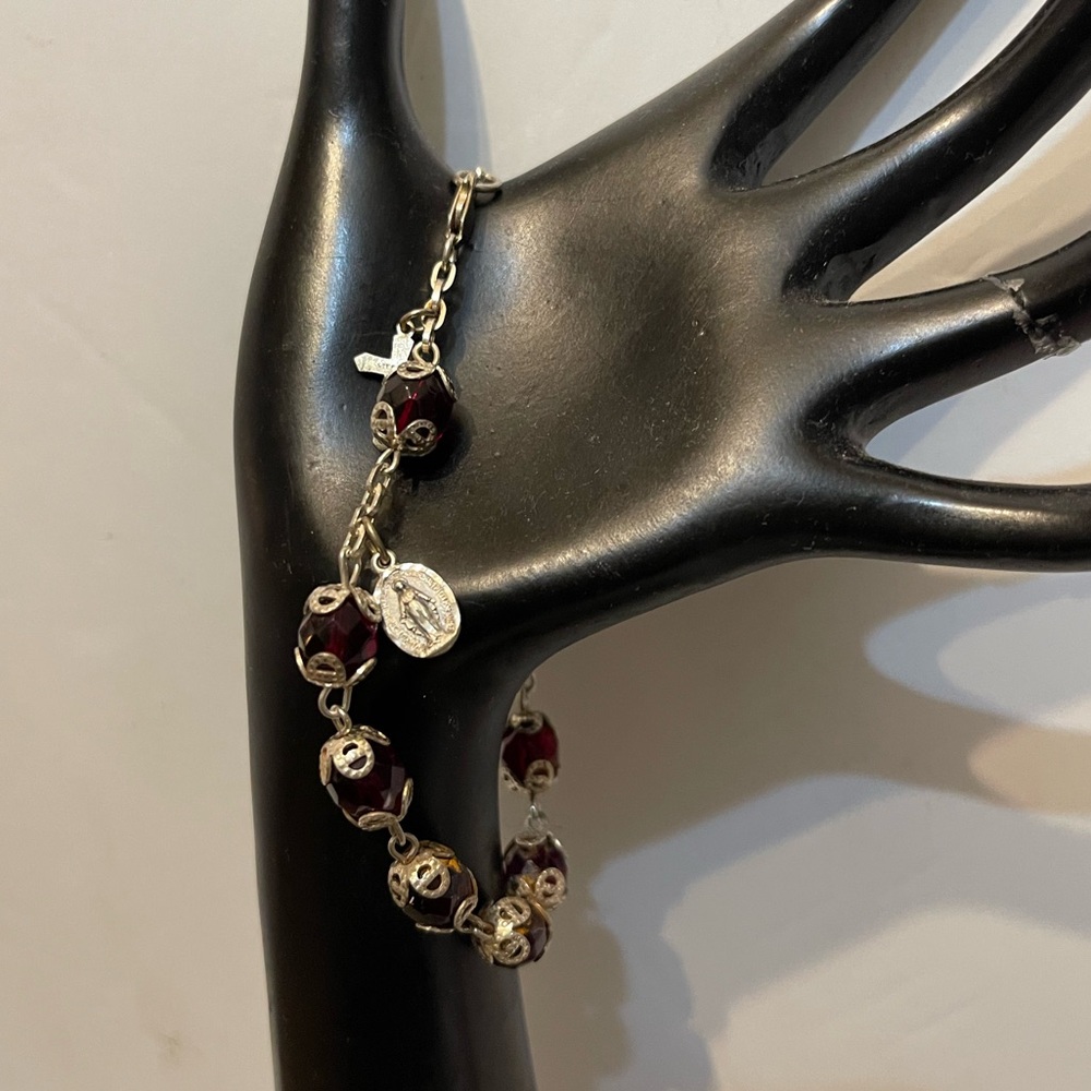 Vintage Garnet Sterling Filigree Rosary Bracelet  with Sterling Silver Charms